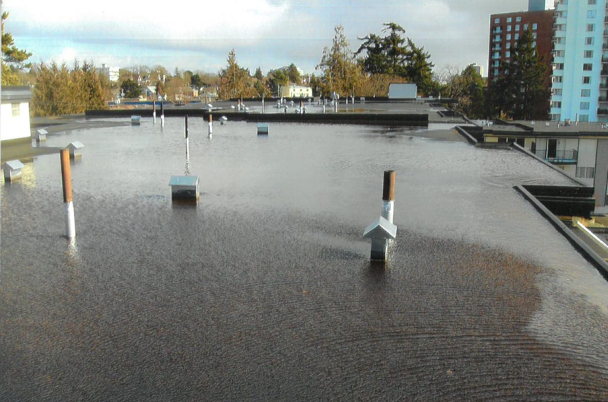 A low-slope roof completely covered in standing water during an active storm