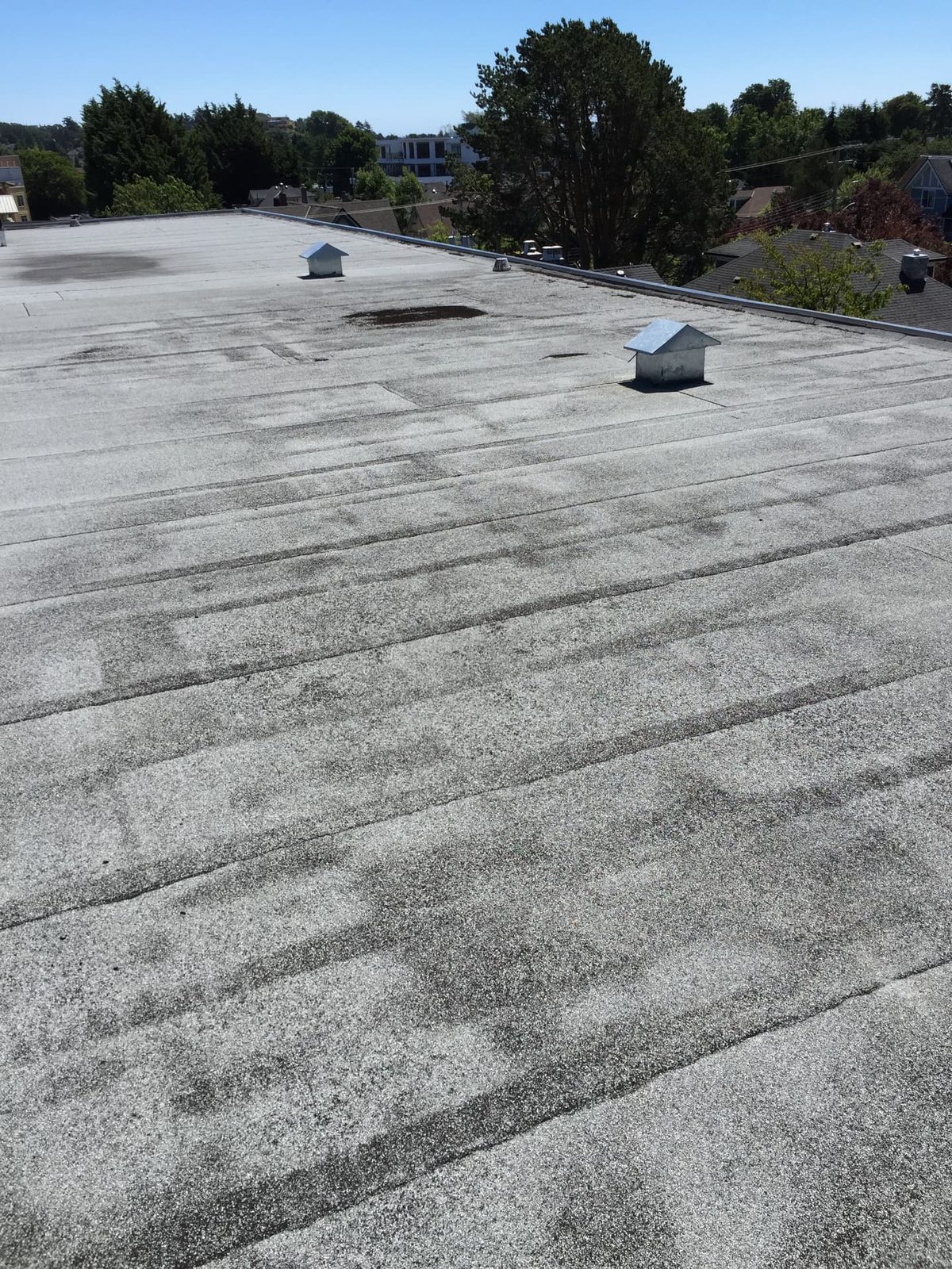 Close view of roof membrane surface with granule loss and cracking
